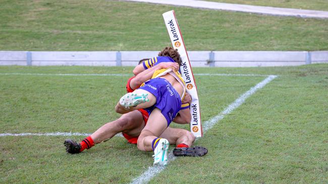 Great defence denies Cooper Nelson a try in the corner. Picture: DC Sports Photography