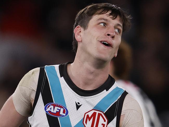 MELBOURNE, AUSTRALIA - JULY 26: Zak Butters of the Power reacts after missing a goal during the round 20AFL match between Carlton Blues and Port Adelaide Power at Marvel Stadium, on July 26, 2024, in Melbourne, Australia. (Photo by Darrian Traynor/Getty Images)