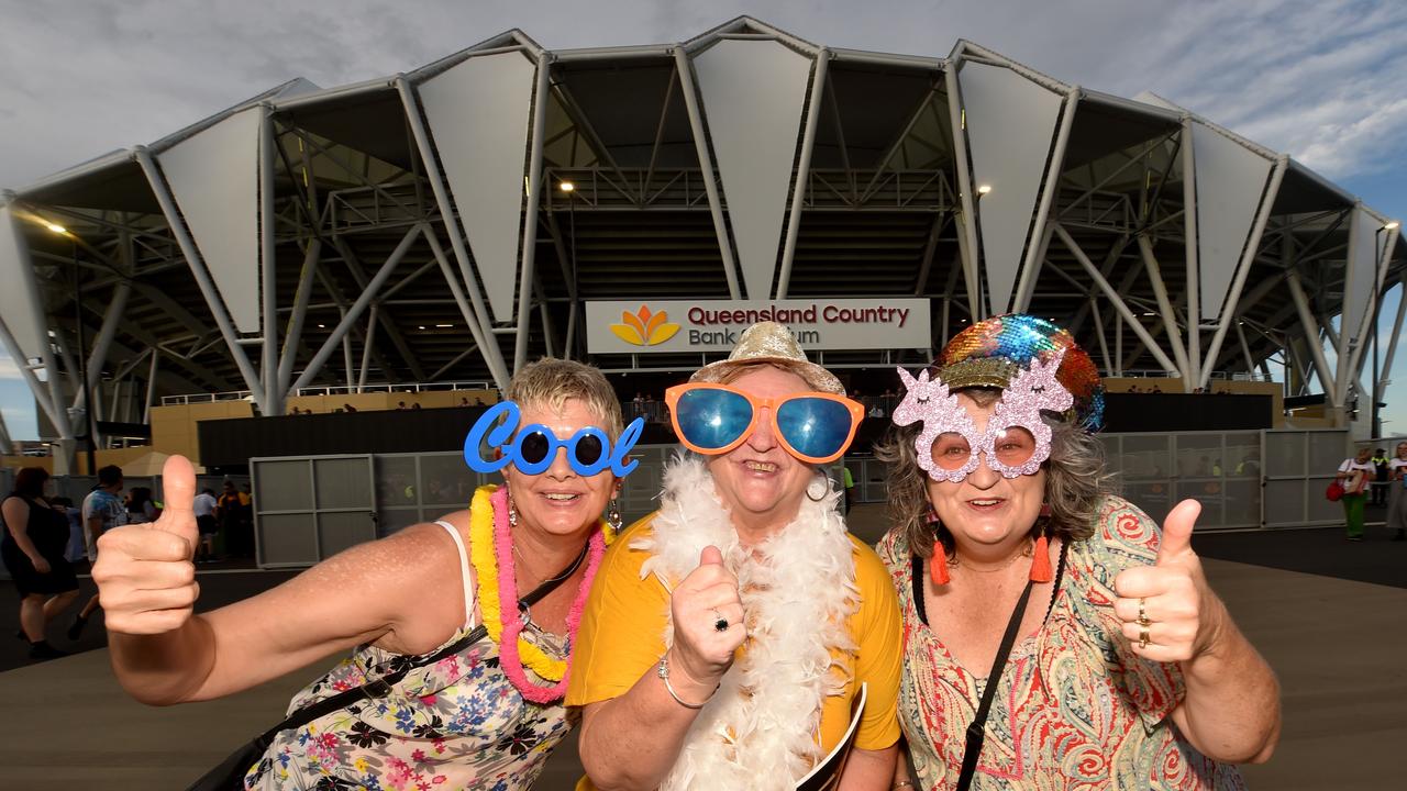 Elton John performs at the Queensland Country Bank Stadium in Townsville. Vanessa Carter, Jackie Kerr and Tina White. Picture: Evan Morgan