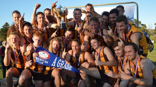 Ben Warren and his Langhorne Creek teammates celebrate last season’s Great Southern Football League premiership success. Picture: Facebook