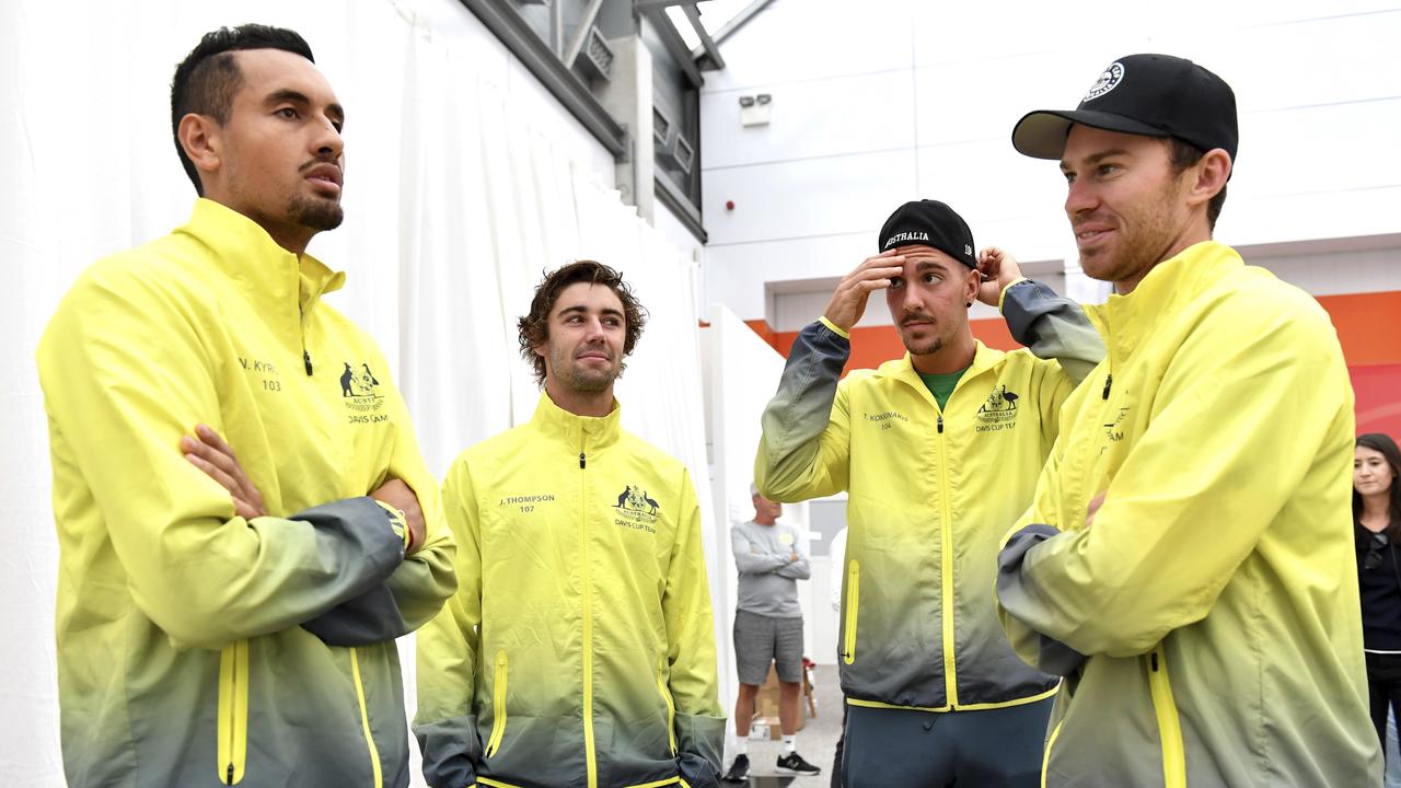 Team Australia's players, from left, Nick Kyrgios, Jordan Thompson, Thanasi Kokkinakis and John Peers prior to a Davis Cup World Group semi-final tennis match in Brussels, Sept. 12, 2017. AP Photo