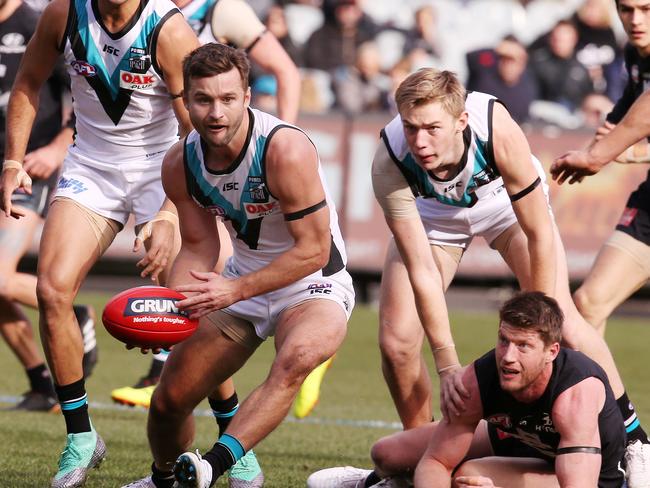 Ex-Henley High student Sam Gray playing for Port Adelaide against Carlton earlier this season. Picture: Michael Klein.