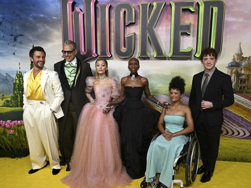 Grande and Slater (right) with their Wicked co-stars Jonathan Bailey, Jeff Goldblum, Cynthia Erivo and Marissa Bode at the Sydney premiere of Wicked on November 3. Picture: Saverio Marfia/Getty Images