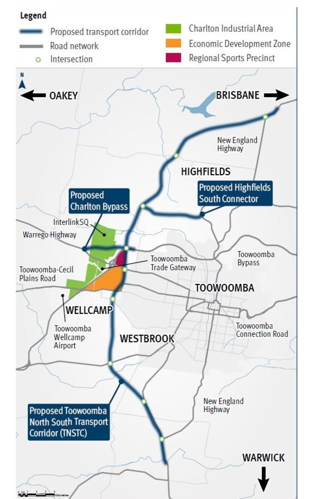 A map of the proposed Toowoomba North South Transport Corridor from the Queensland Department of Transport and Main Roads.