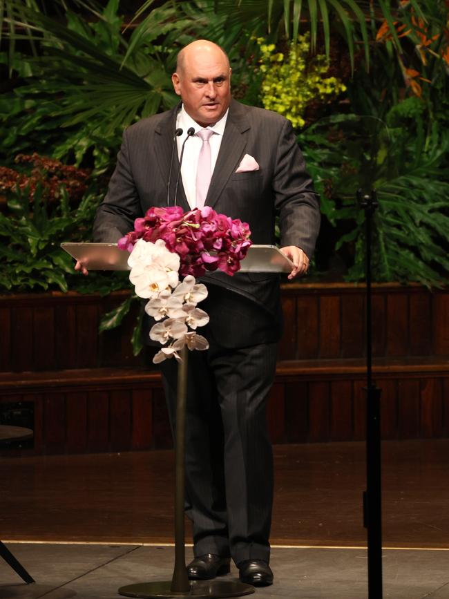 Blake Walker speaks at the Memorial service for his father Lang Walker. Picture: NCA NewsWire / Damian Shaw