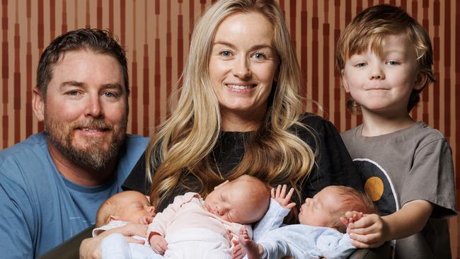 Kelly Fitzpatrick and Andrew Maher with their 19 day old triplets Clyde Jagger, June Rosalie, and Freddie Fitz and big brother 5 year old George at Sunshine Coast University Hospital before heading home to Tuan on the Fraser Coast. Picture Lachie Millard