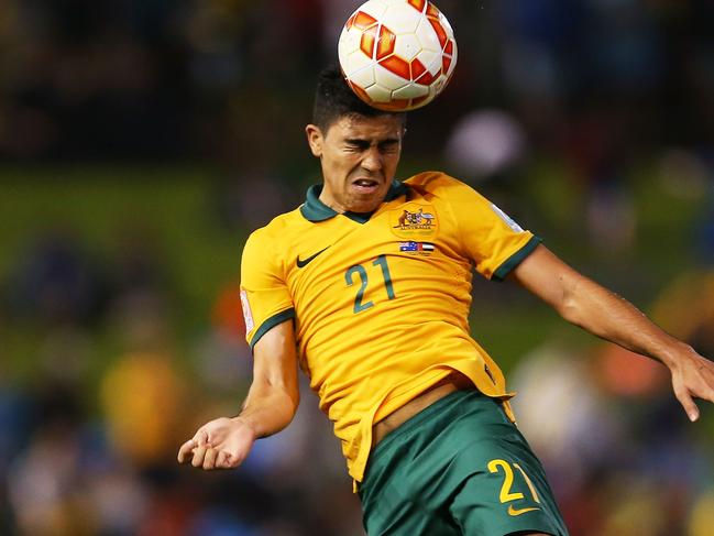 NEWCASTLE, AUSTRALIA - JANUARY 27: Massimo Luongo of Australia heads the ball during the Asian Cup Semi Final match between the Australian Socceroos and the United Arab Emirates at Hunter Stadium on January 27, 2015 in Newcastle, Australia. (Photo by Brendon Thorne/Getty Images)