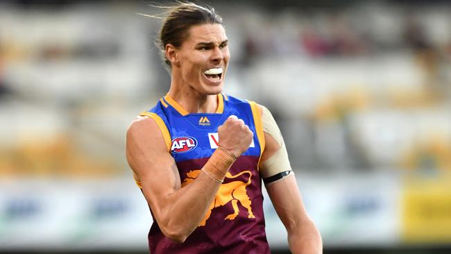 Eric Hipwood celebrates a goal in the Lions’ win over Hawthorn.