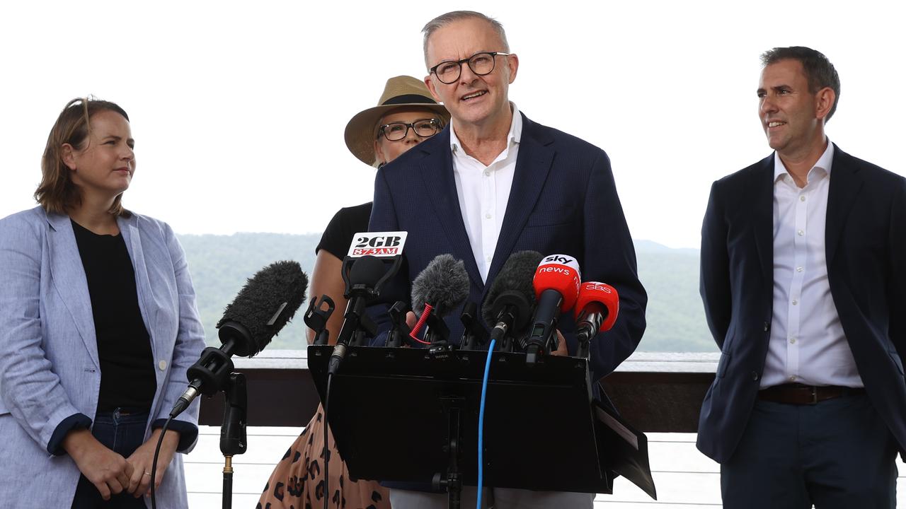 Labor leader Anthony Albanese holds a press conference at Figtree Playground in Cairns, Queensland on day 5 of the federal election campaign, accompanied by Shadow Treasurer Jim Chalmers and Labor senator for Queensland Nita Green and Labor candidate for Leichhardt, Elida Faith. Picture: Toby Zerna