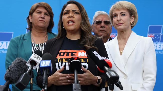 Kerrynne Liddle, Jacinta Nampijinpa Price, Warren Mundine and Michaelia Cash hold a press conference before attending a No campaign event in Perth.