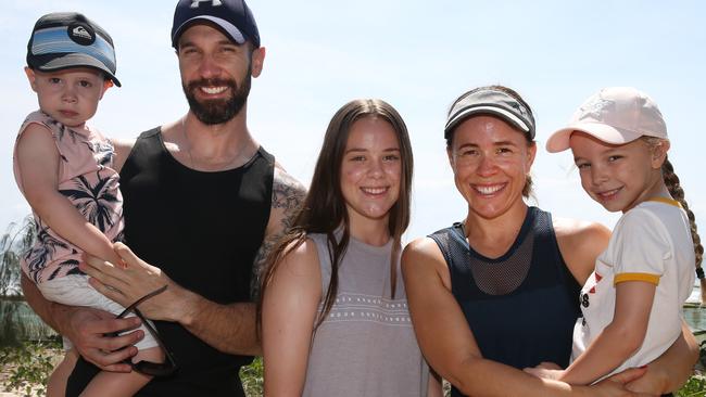 Tourists giving their views on the Gold Coast. What they love, what they hate. The Fitzgerald family from Sydney, Matt and Amy with children Noah2,Anna 6 and Charlotte 13. Picture Glenn Hampson