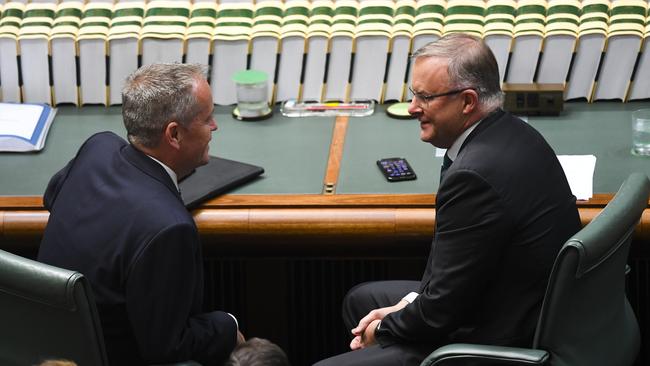 Opposition Leader Anthony Albanese (right) speaks to former Opposition Leader Bill Shorten speak during Question Time in February.