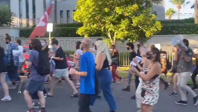 Protesters in the streets of Kangaroo Point. Picture: Sophie Upcroft/9News Queensland