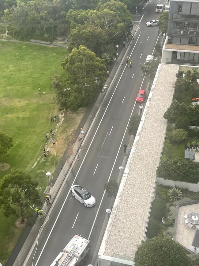 The Tesla travelled through the park and took out two power poles before returning to the street.