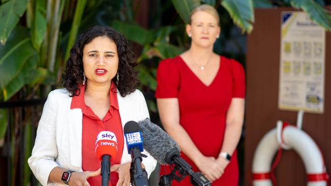 Minister for Tourism Lauren Moss and and NT Treasurer Hon Nicole Manison address media regarding the uptake of the NTG's Tourism Voucher Scheme. Picture: Che Chorley