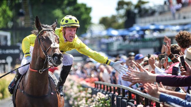 Winning jockey Mark Zahra high fives the crowd after winning the Melbourne Cup. Picture: David Caird