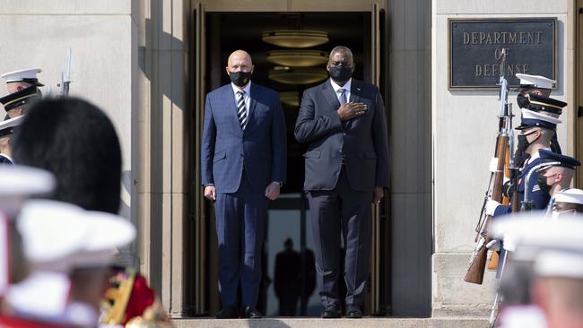 Defence Minister Peter Dutton and US Secretary of Defence Lloyd Austin (right) in Arlington, Virginia. Picture: Kevin Dietsch/Getty/AFP