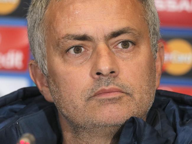 Chelsea manager Jose Mourinho attends a press conference at Olimpiyskiy Stadium in Kiev, Ukraine, Monday, Oct. 19, 2015. Chelsea and Dynamo Kiev will play on Tuesday in a Group G Champions League soccer match in Kiev. (AP Photo/Efrem Lukatsky)