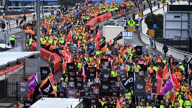 BRISBANE, AUSTRALIA - NewsWire Photos - AUGUST 17, 2023. CFMEU workers union march to the Brisbane Convention Centre where the ALP national conference is taking place. Picture: Dan Peled / NCA NewsWire