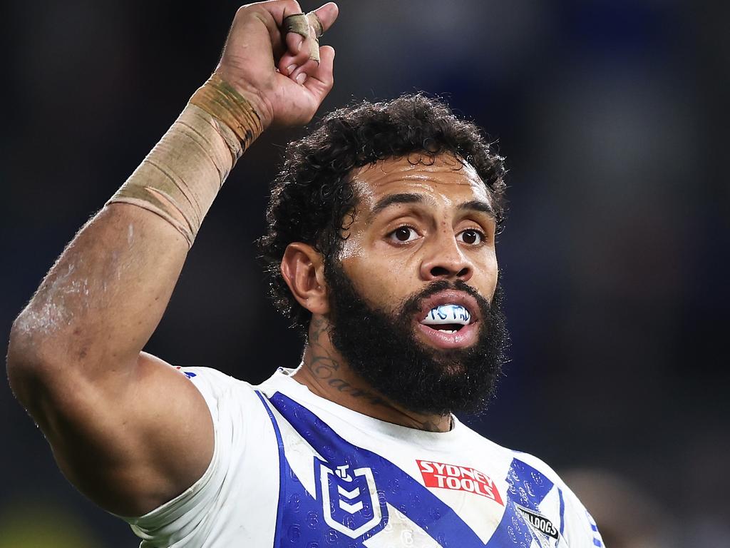 Josh Addo-Carr of the Bulldogs celebrates victory over the Wests Tigers. Picture: Matt King/Getty Images