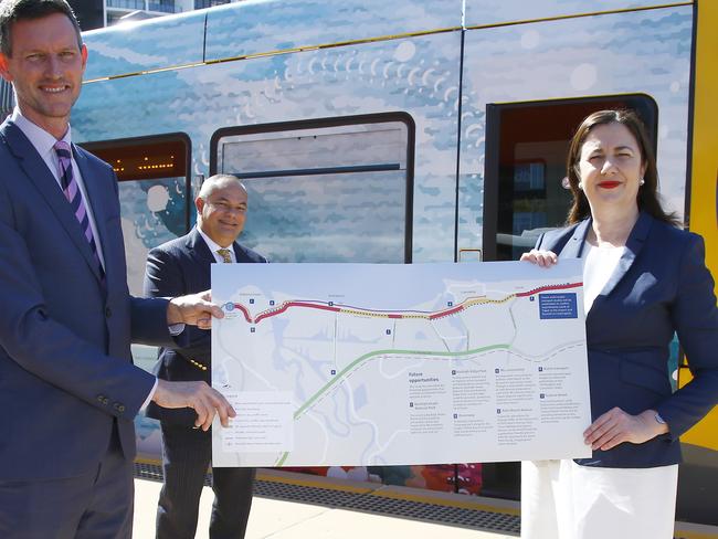 Transport Minister Mark Bailey, Gold Coast Mayor Tom Tate, QLD Premier Annastacia Palaszczuk, and councillor Megan Scanlan during a media conference in Broadbeach. Picture: Tertius Pickard