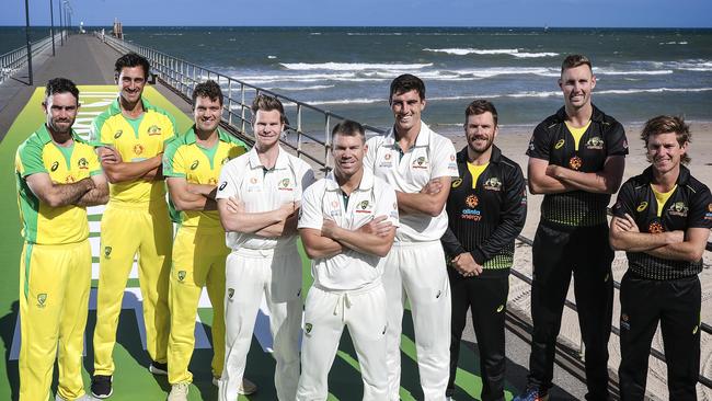 Glenn Maxwell, Mitchell Starc, Alex Carey, Steve Smith, David Warner, Pat Cummins, Aaron Finch, Billy Stanlake and Adam Zampa at the Cricket Australia summer season launch at Glenelg on Friday. Picture: Sarah Reed