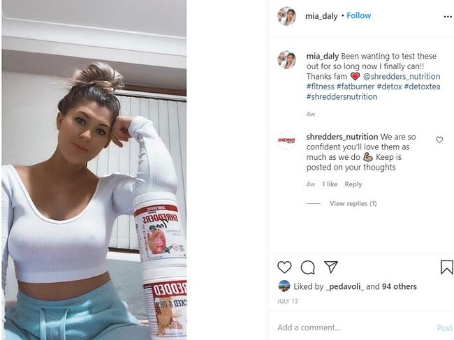 Mia Daly, 20, of Mardi, promotes nutritional supplements on social media. Picture: Instagram