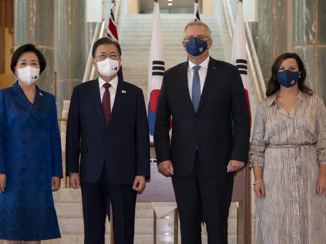 Prime Minister Scott Morrison and Jenny Morrison greet Moon Jae-in, President of the Republic of Korea, and first lady Kim Jung-Sook at Parliament House. Picture: NCA NewsWire / Martin Ollman