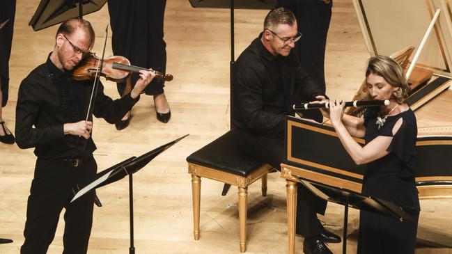 Ben Dollman, Paul Dyer and Melissa Farrow performing Bach’s fifth Brandenburg Concerto. Picture: Steven Godbee