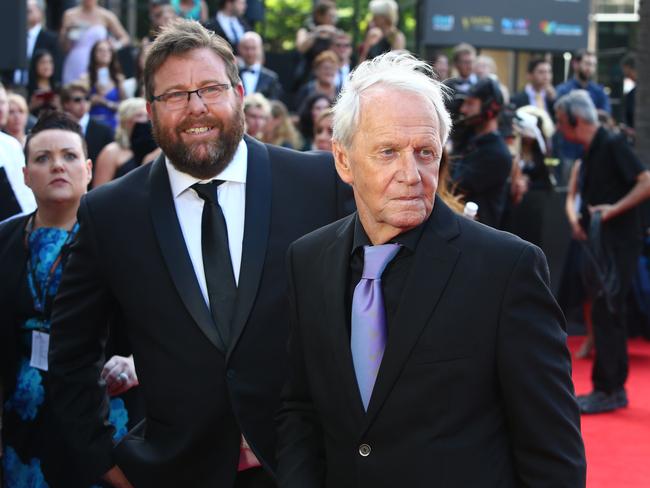 Shane Jacobson and Paul Hogan pictured arriving at the 2016 AACTA Awards. Picture: Richard Dobson