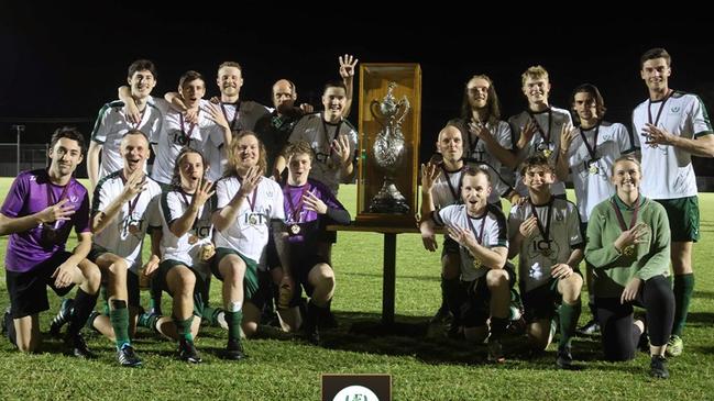 Frenchville claimed their fourth straight Wesley Hall Cup with a 1-nil win over Clinton in the 2022 Football Queensland Central Coast men's grand final. Photo: FQ Central Coast Facebook page