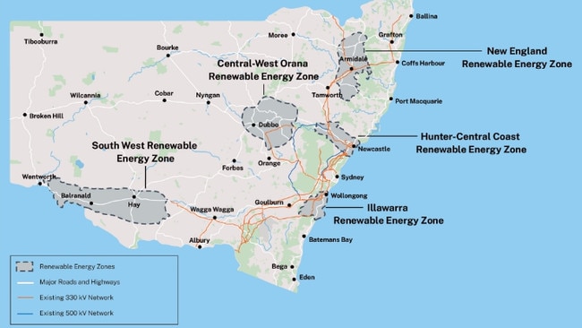 NSW’s five renewable energy zones. Picture: energyco.nsw.gov.au