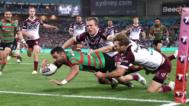 Alex Johnston of the Rabbitohs scores a try during the NRL Semi Final match between the South Sydney Rabbitohs and the Manly Sea Eagles at ANZ Stadium on September 20, 2019 in Sydney, Australia. (Photo by Mark Metcalfe/Getty Images).