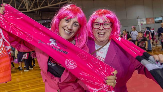 Fans Madelyne Thornton and Amanda Smallacombe wait to greet the Adelaide Thunderbirds at their fan event on Monday. Picture: Ben Clark