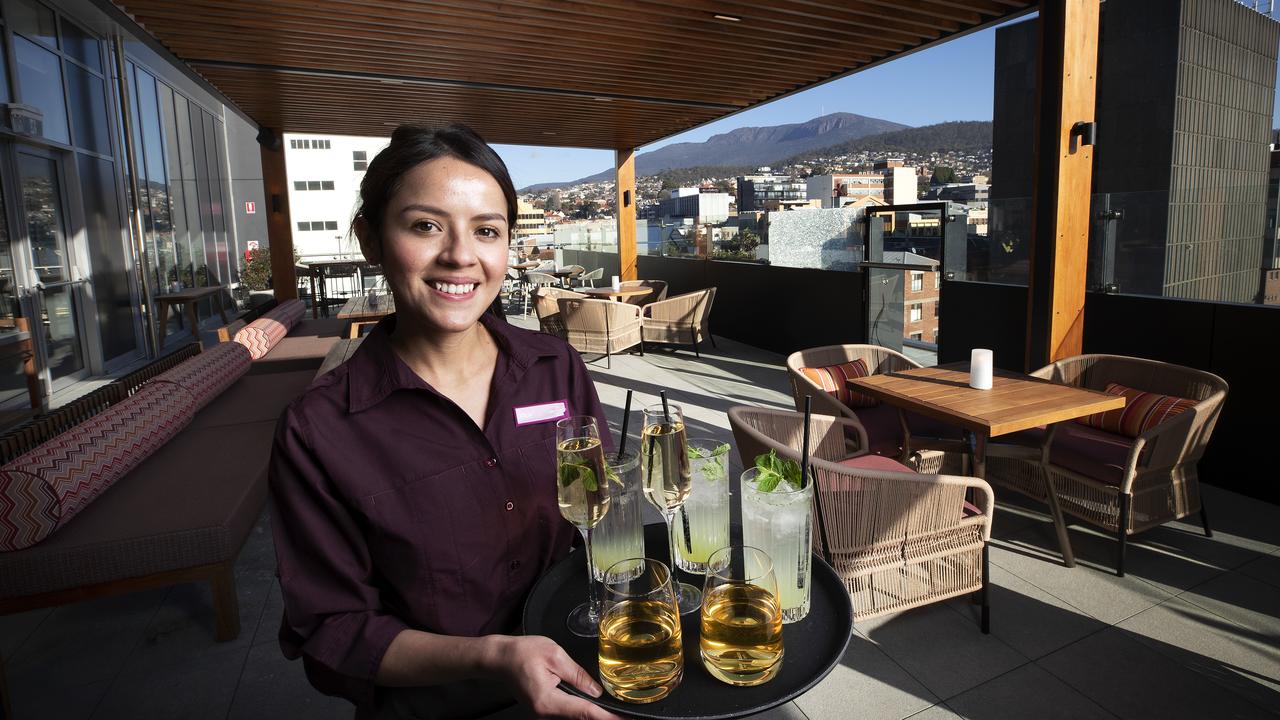 Food and Beverage attendant Leticia Montesinos on The Deck of the Crowne Plaza Hotel at Hobart. Picture: CHRIS KIDD