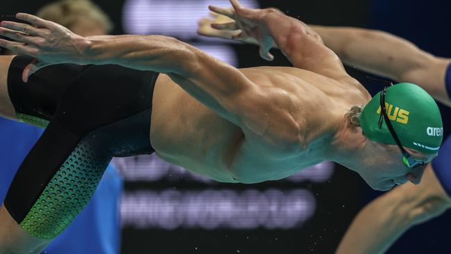 BUDAPEST, HUNGARY - OCTOBER 20: Maximillian Giuliani from Australia competes in the men's 4x100m freestyle final during the World Aquatics Swimming World Cup 2023 - Meet 3 on October 20, 2023 in Budapest, Hungary. (Photo by David Balogh/Getty Images)