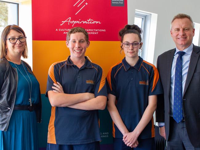 Principal Pieta McKay with student Jye Graham, Teeka Ransley and Minister Jeremy Rockliff.