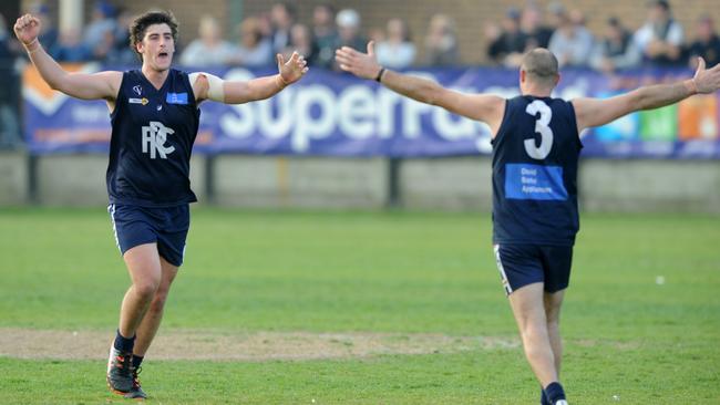 The Buds celebrate on th siren. Picture: Andrew Henshaw