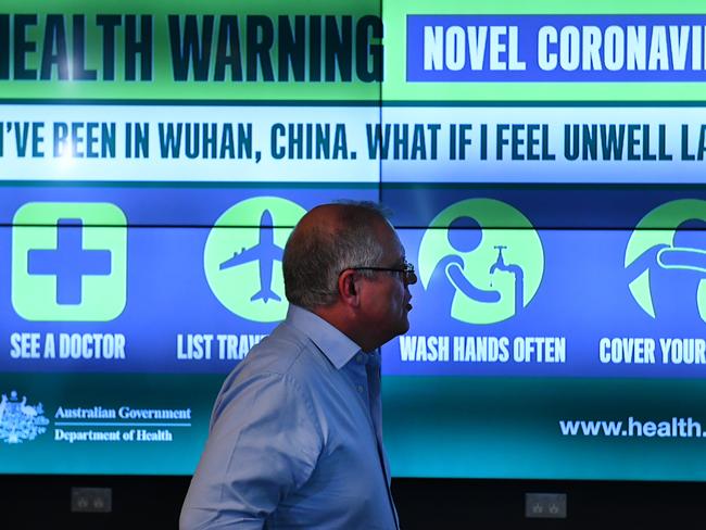 Prime Minister Scott Morrison is updated on the steps being taken to control the coronavirus at the National Incident Room of the Department of Health in Canberra. Picture: AAP