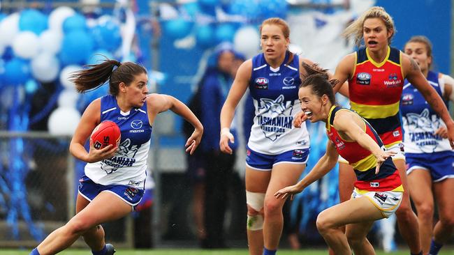 Action from the round five AFLW clash between North Melbourne and Adelaide in Hobart. Crows’ midfielders Sophie Li and Anne Hatchard defending. Picture: Zak Simmonds