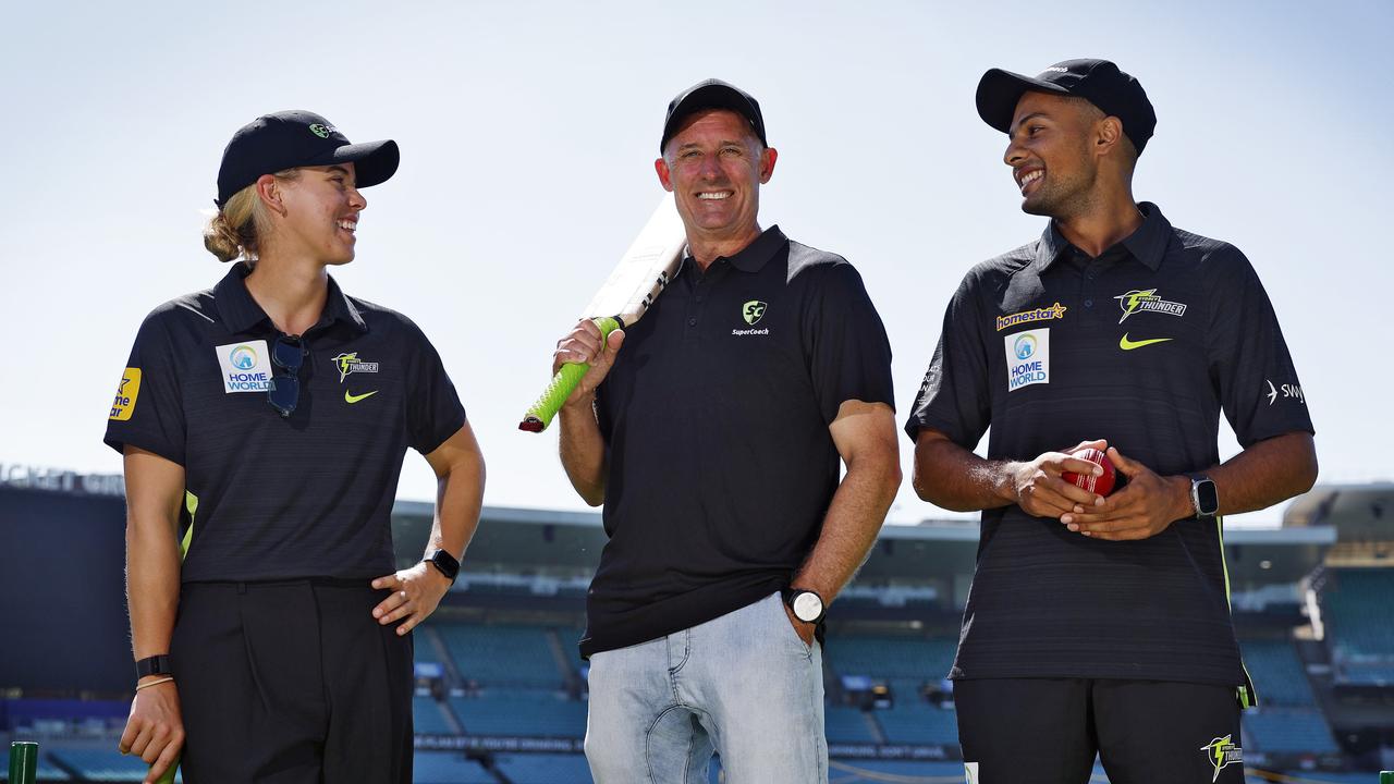 Phoebe Litchfield, Mike Hussey and Tanveer Sangha at the SuperCoach BBL launch. Picture: Sam Ruttyn