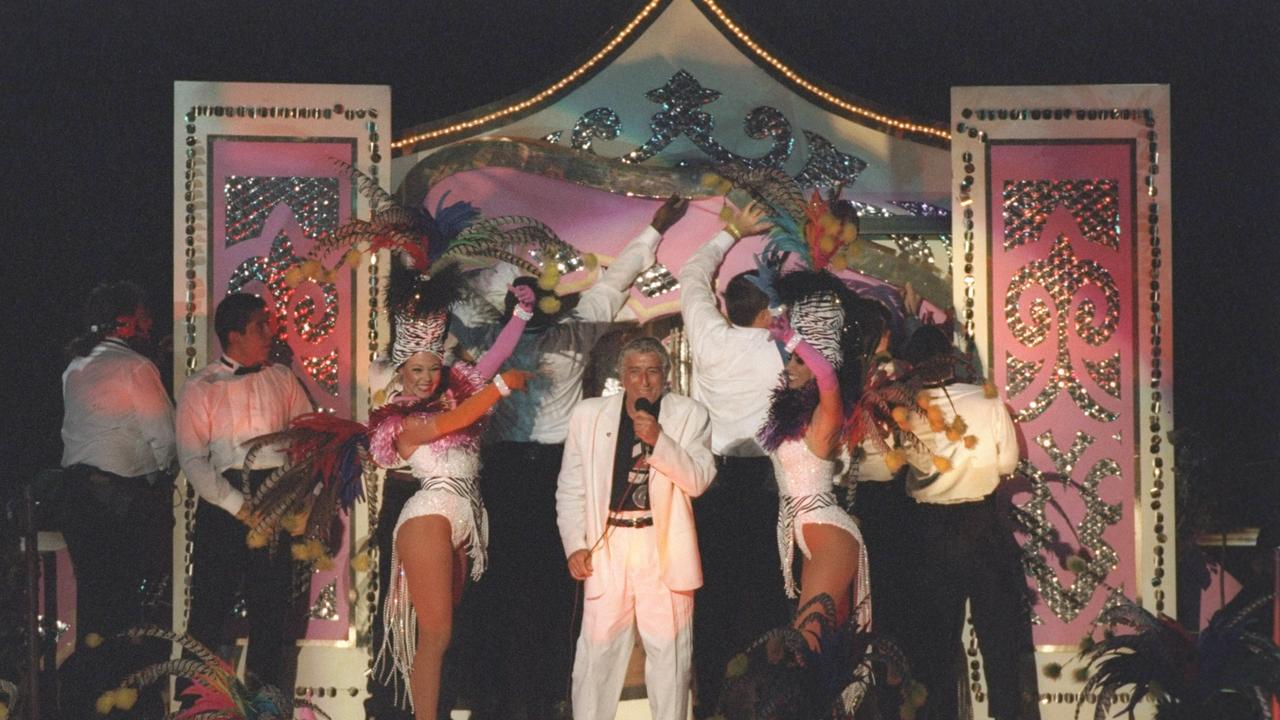 1995: Showing just how much production costs have increased in the past 30 years, Tony Bennett performs in a Vegas themed show in Miami, Florida. Picture: Doug Pensinger /Allsport/Getty Images