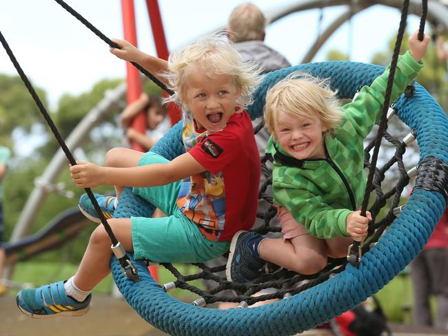 14.1.2016.Liam Barr,6, with his brother Conor ,4 of Seacomb Heights playing at Bonython Park playground. pic tait schmaal.