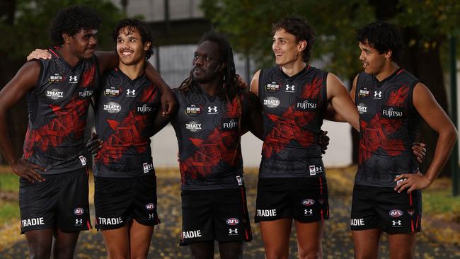 Anthony Munkara , Alwyn Davey jnr , Anthony McDonald-Tipungwuti , Tex Wanganeen and Jayden Davey at the MCG. Picture: Michael Klein.