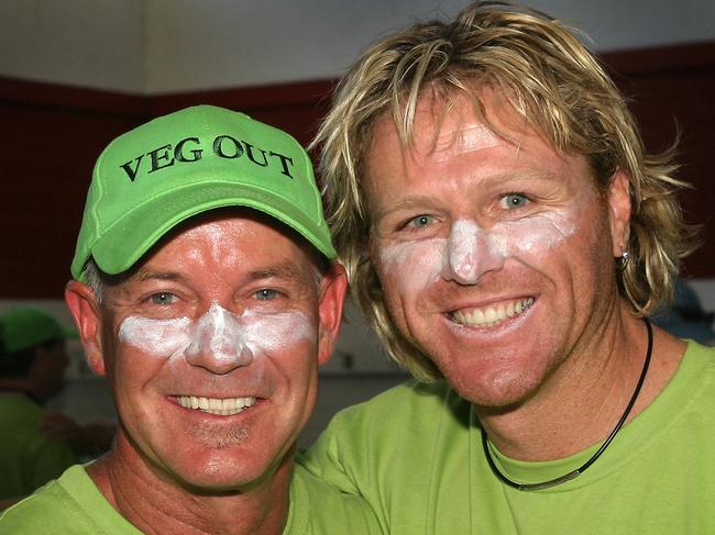 Gary Sweet and Dermott Brereton all zinced up for Battlers celebrity cricket match for Sacred Heart Mission. Picture: Supplied