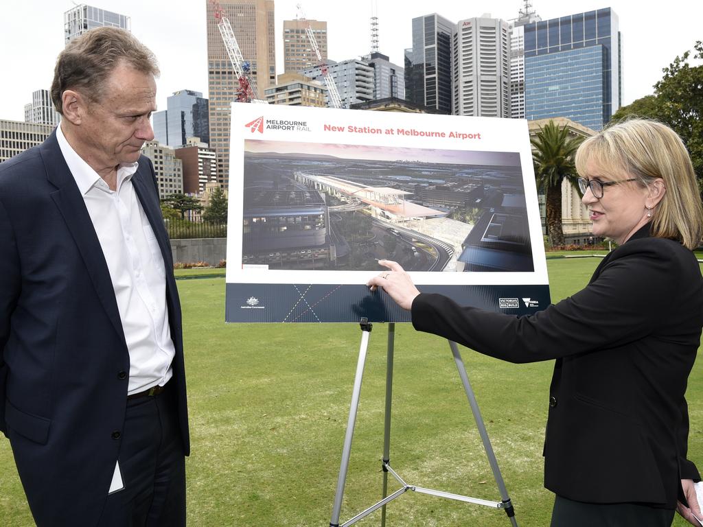 Then Transport Infrastructure Minister, Jacinta Allan and Rail Projects Victoria chief executive Evan Tattersall spruiked a business case for the airport link in September 2022. Picture: NCA NewsWire / Andrew Henshaw