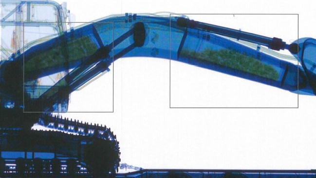 An X-ray image shows the shipment of MDMA in the arm of an excavator shipped to Australia. Picture: National Crime Agency UK