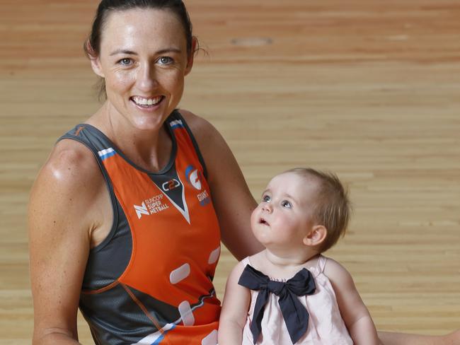 Bec Bulley and daughter Indie at the start of Super Netball.