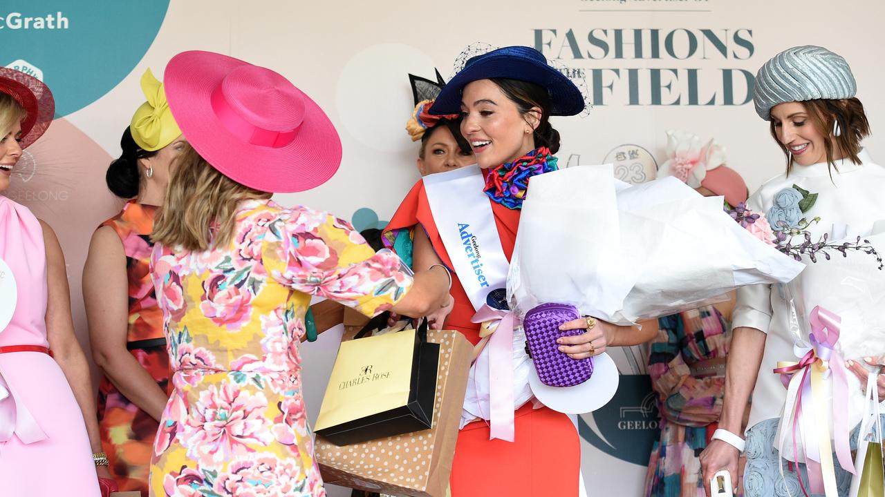 Fashions on the field Frock of the Day. Winner: Layce Renee Vocale accepting the award. Picture: David Smith