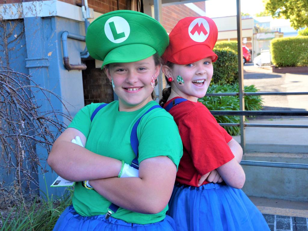 Dressed as Luigi and Mario (from left) are Vera Holmes and Sophie White. Picture: Rhylea Millar